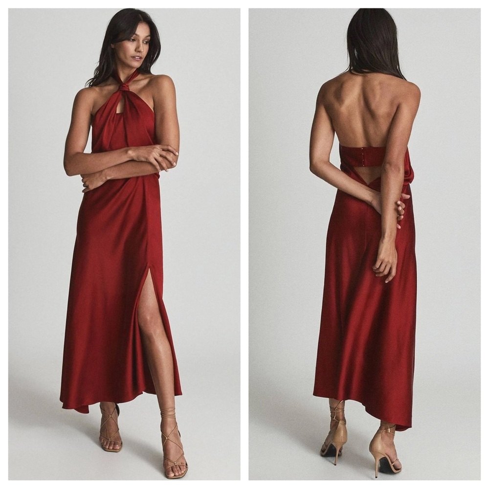 NWOT. Reiss Lorena maxi halter dress dark red satin 13976